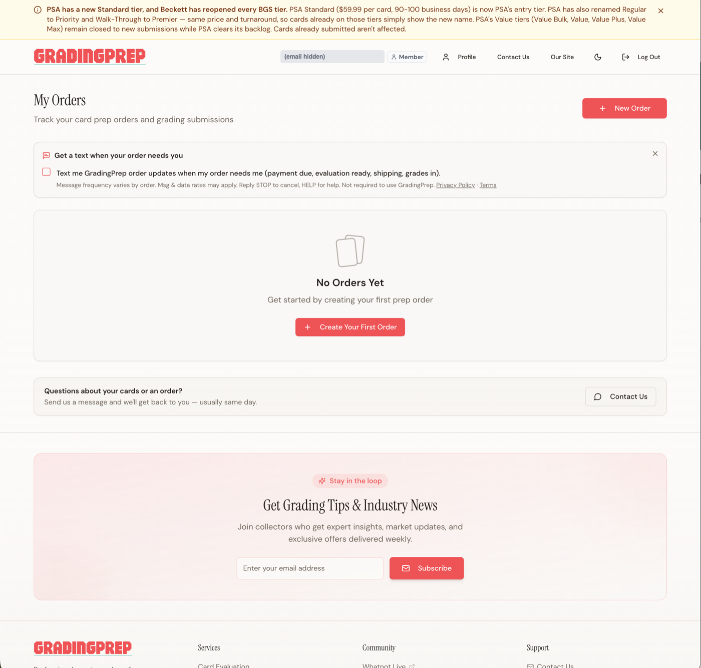 Signed-in dashboard: the 'Get a text when your order needs you' card with the same unchecked consent checkbox