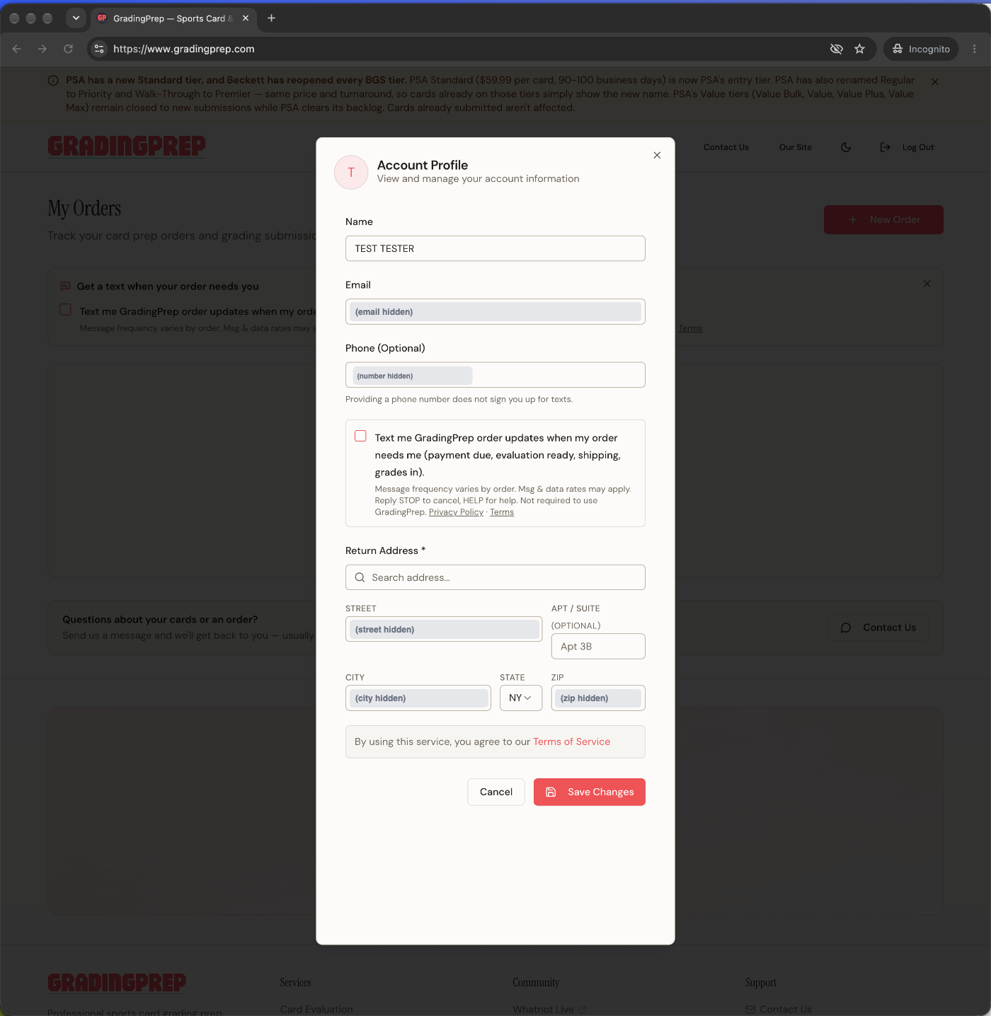 Account profile in edit mode at www.gradingprep.com: the phone field with its note, then the unchecked text-message consent checkbox with its disclosure and Privacy Policy and Terms links, separate from the Terms of Service line