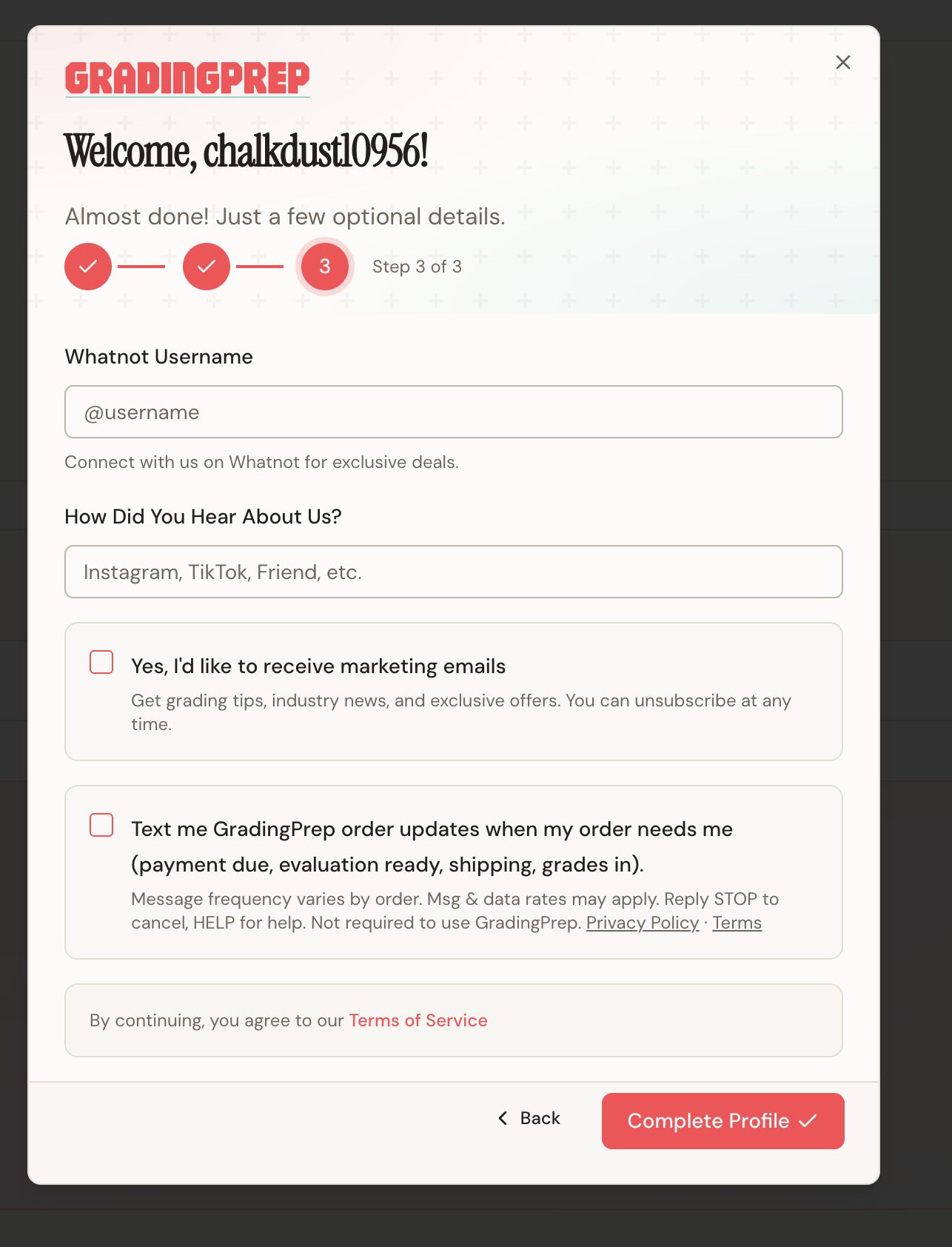 Account setup, step 3: the unchecked text-message consent checkbox with its disclosure, separate from the marketing-email checkbox and the Terms of Service line
