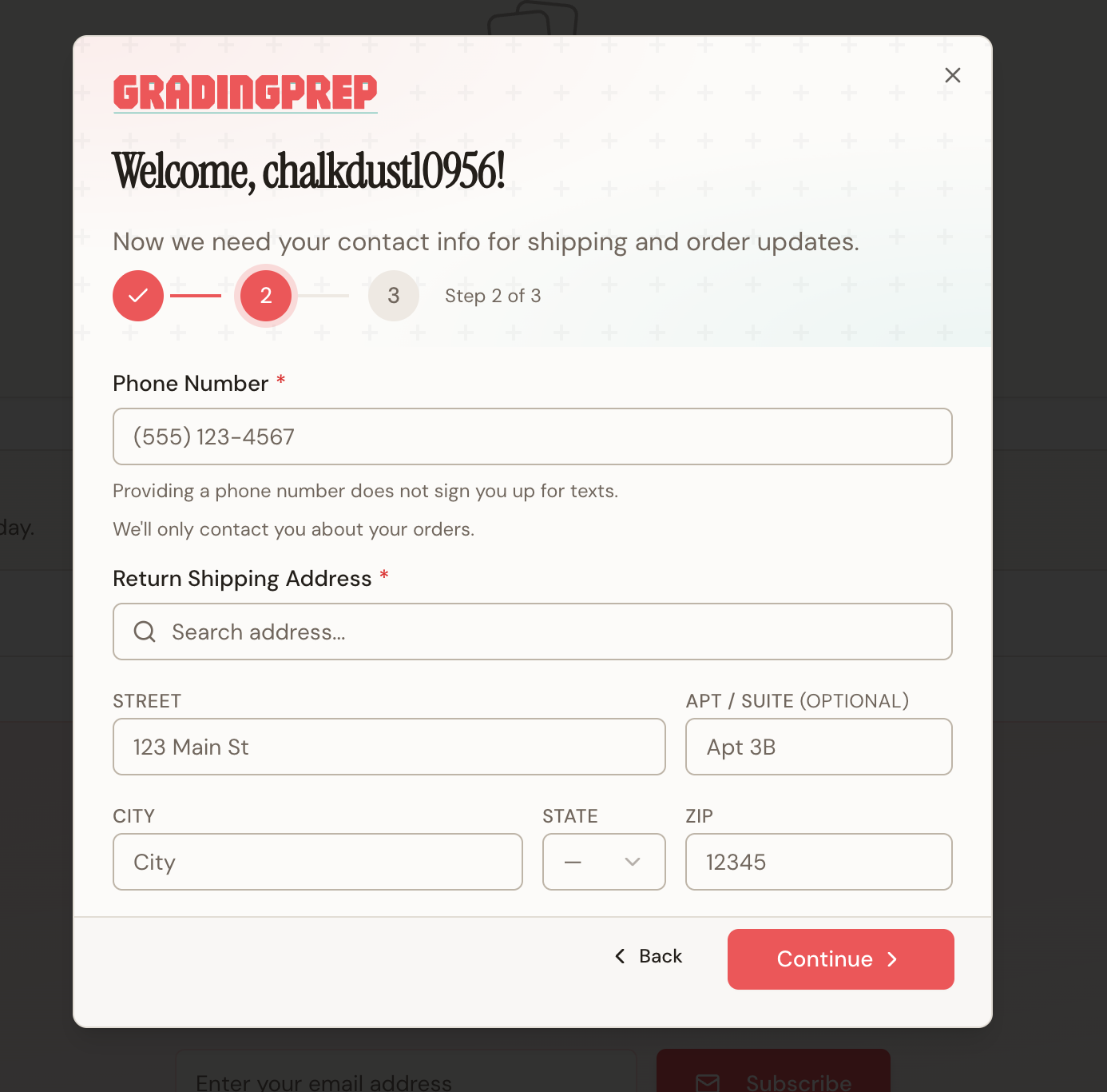 Account setup, step 2: phone number field with the note that providing a number does not sign you up for texts